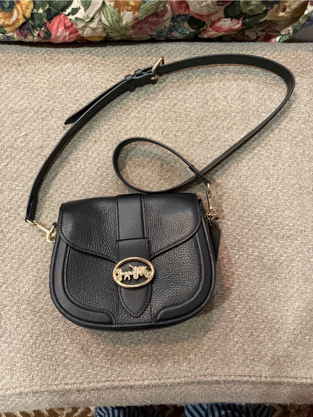 Coach Black Pebbled Leather Crossbody with Gold Horse & Carriage Emblem